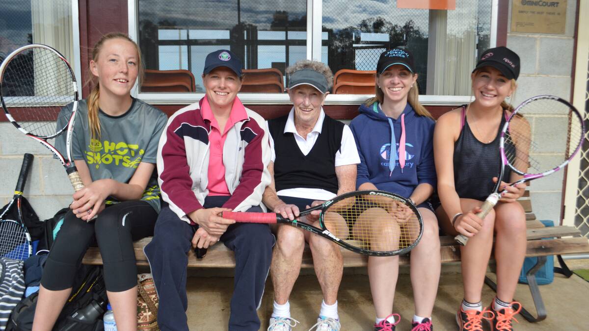 Molly Cattle, Tracey Cumming and Una Jenkins from West Wyalong and Christine Davies of Forbes with Aimee Jewell of West Wyalong are participants in the Inter Town tennis round played in Grenfell last Sunday.