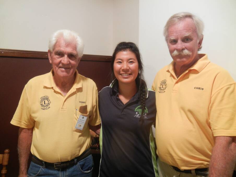 Grenfell Lions Club Festival Queen Entrant May Suzuki with Secretary Terry Carroll and President Chris Moran. 
