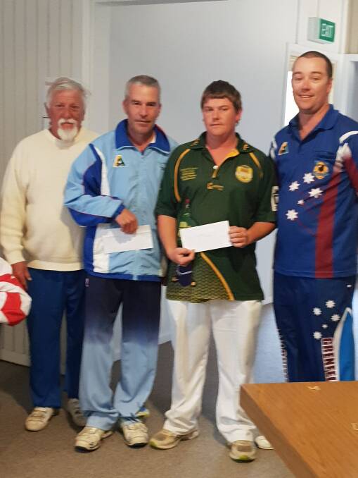 CLASSIC TRIPLES: Winners Jim White, John Harriott and Shane Foote from Cootamundra receiving first prize from Andrew Brown representing sponsor Aston and Joyce. Image suppled 