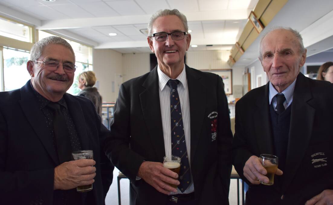 Former Panther players John Phillips, Brian Johnson and Tom Knight during the official reunion luncheon at the Grenfell Bowling Club. 