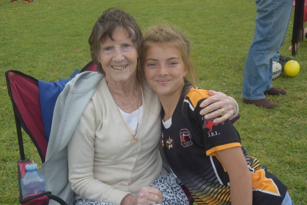 Jane Hayer with Linda Hucker at the junior rugby league last week.

