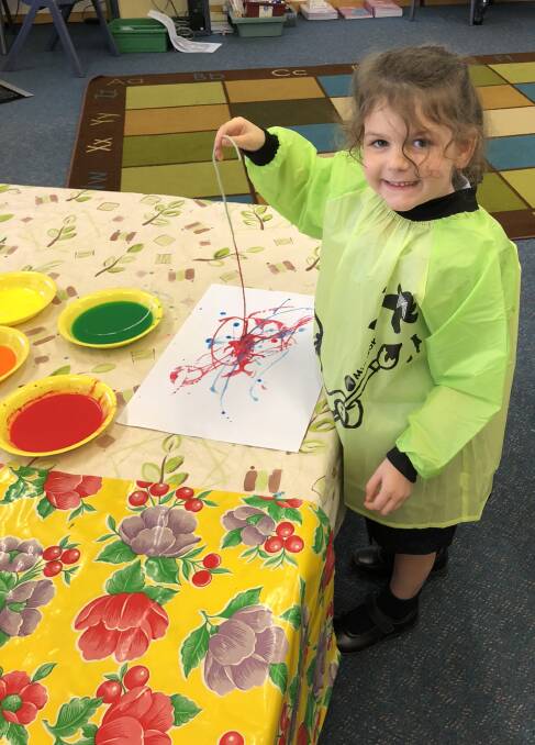 K-1-2 Art – Spaghetti painting with Grace Reeves. Photo St Joseph's Primary School.