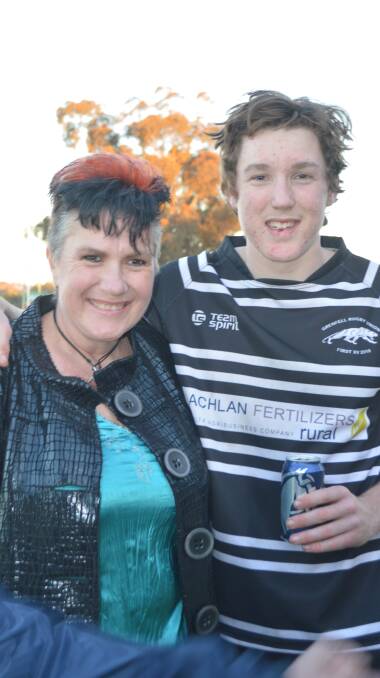 Proud mum Deb Wilson with her son Jarrad after he scored the winning try against West Wyalong at Bembrick Field on Saturday July 14.