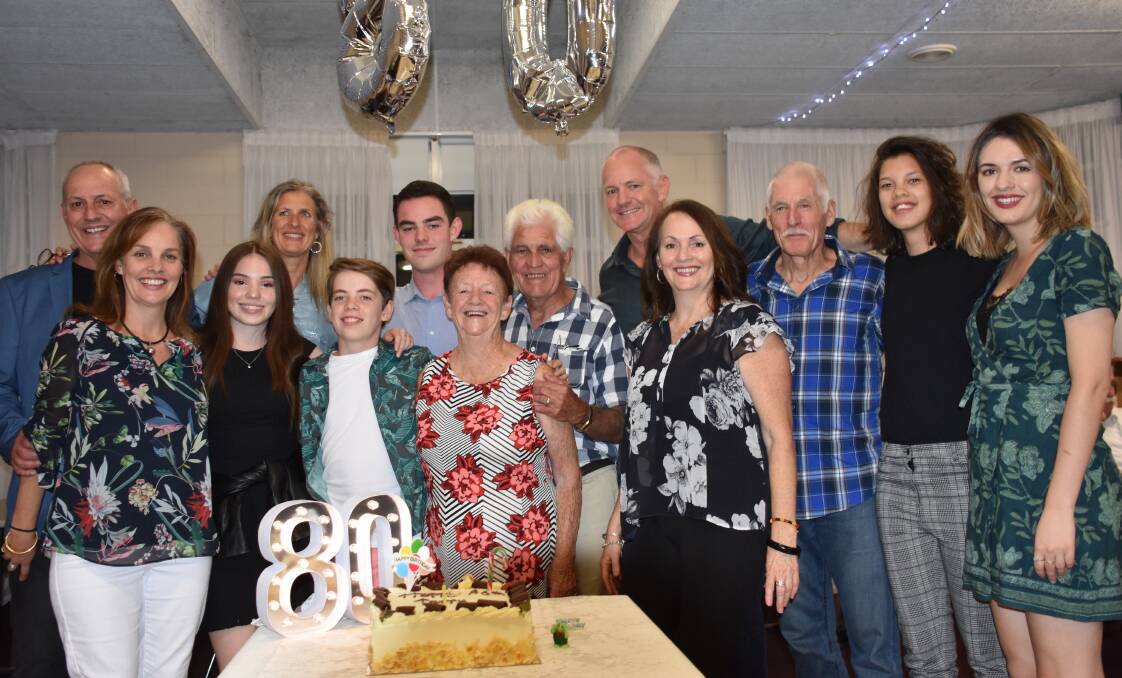 HAPPY 80th BIRTHDAY: Terry Carroll with his wife Deidre and children Samantha, Kellie, Steven and Gerard and their partners and grandchildren during Terry's 80th birthday celebrations at the Grenfell Country Club on April 6.  