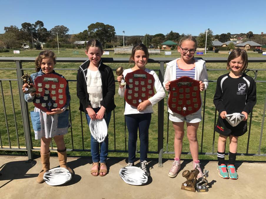 U10s VIVA awards went to: Most improved Genevieve McLelland and Skye McLelland. Continuous effort Ella Mitton and players player and best and fairest Mikyala Hughes with Emma Clifton. Photo L Robinson