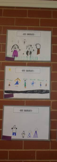 Children created drawings of their families titled 'My Family'.
