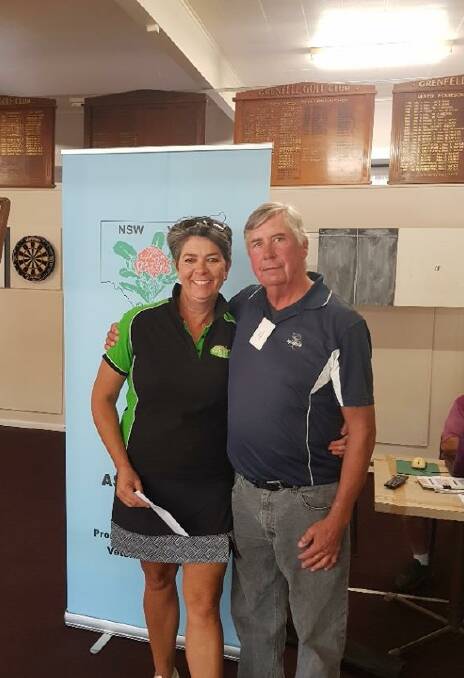 NSW Vets 1st 18 Holes Nett winners are D Hancock and Sally Mitton (L) of Grenfell. Photo Grenfell Country Club. Absent from pic D Hancock.