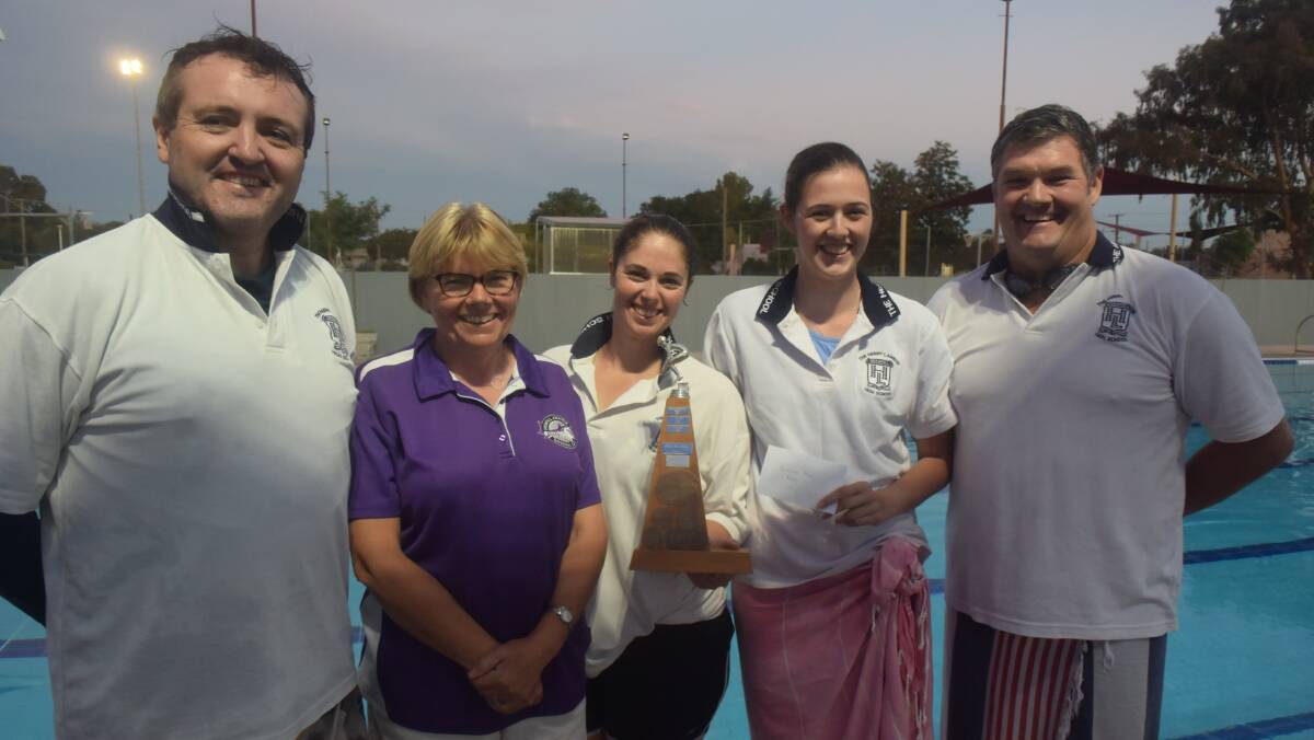BUSINESS HOUSE RELAYS: Congratulations to The Henry Lawson High School team of Aaron Flagg, Ashley Kuhn, Kate Robinson and Brad Robinson, winners of the 2019 Business House Relays, pictured with Grenfell Swimming Club representative Nicola Mitton.