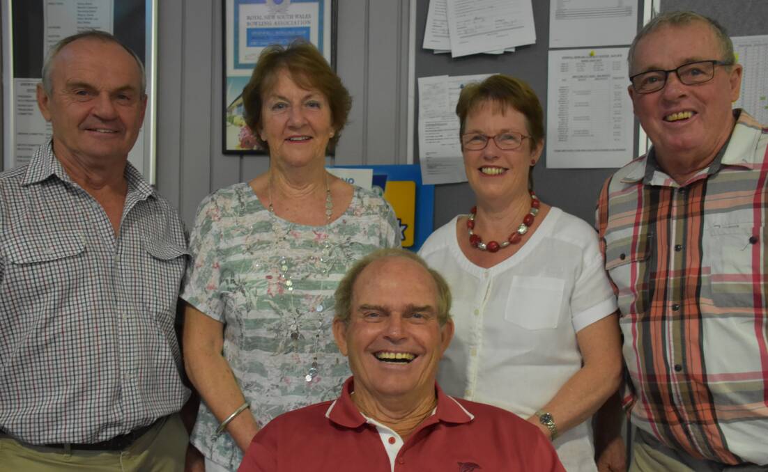 Helping Rodger Baker celebrate his 70th birthday at the Grenfell Bowling Club last Saturday April 21 are his siblings Glen, Sandra (Ritchie), Rhonda (Clarke) and Garry.