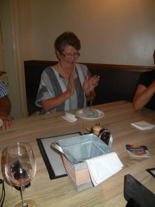 Lesley Marden celebrating her '27th' birthday with her special Lamington Cake. 
