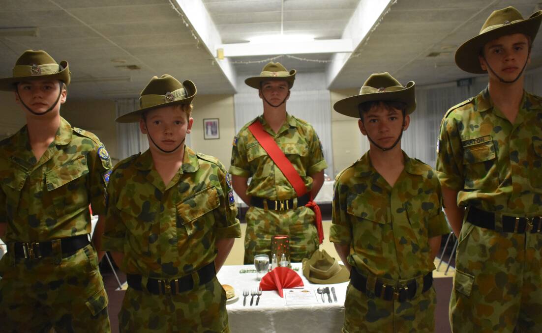 Cadets Dylan King, Oscar Schaefer, Sgnt Henry Earney, Cobie Griffin and Dylan Meherton at the 'Dining in Night'. 