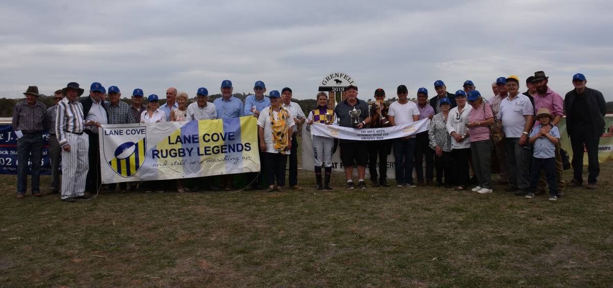 Sponsors, Lane Cove Rugby Legends, with owners of 'Southern Gamble', jockey Natasha Baxter, Jill Allen and trainers following the feature race "The Doug Allen Grenfell Picnic Cup".