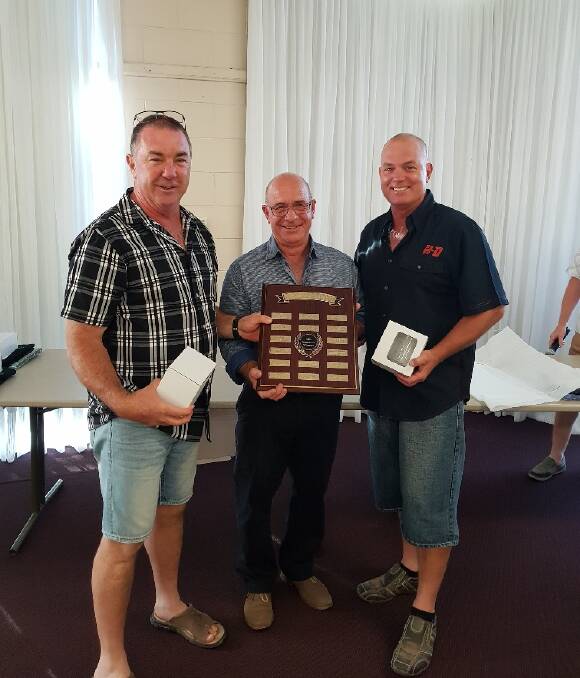 Mark Troth (L) and Craig Johnson (R) were the recipients of the Captains Trophy, pictured here receiving their awards from Barry Green. Photo M Neill. 