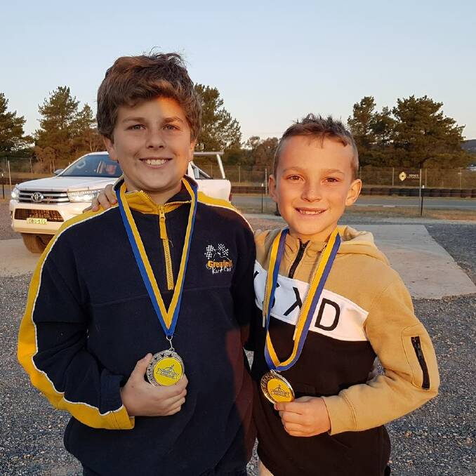 Kobe McInerney (R) placed 1st in Cadet 9 at Canberra with fellow Grenfell Kart Club member Riley Gray. Image supplied