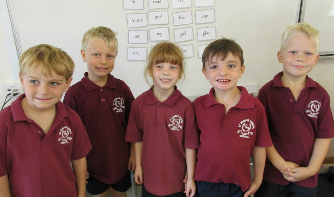 St Joseph's Primary School 2019 Kindergarten students are Jed Metcalfe, Harry Briggs, Emily Protheroe, Ethan Browne and Charlie Knight. 