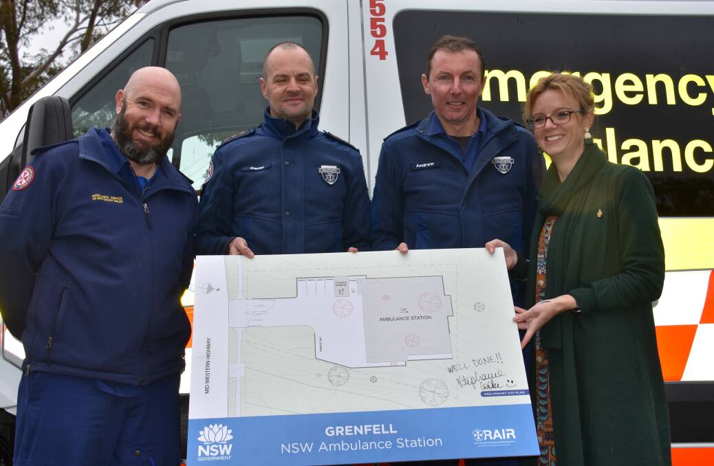 Grenfell paramedics Paul Westman, Dan Clark and Andrew Noble with Member for Cootamundra Steph Cooke.