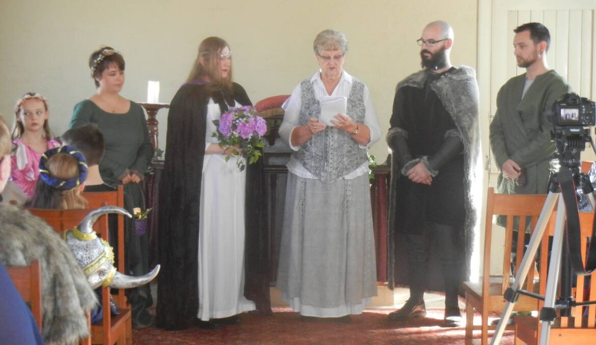 Lay Minister Margaret Knight officiating at the wedding of Therese Needham and Nathan Mundy.