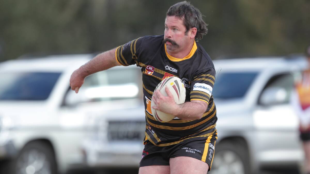 RUGBY LEAGUE:  Goanna Phil Rolls heads towards the tryline in last weekends clash with Eugowra. Photo RS Williams. 