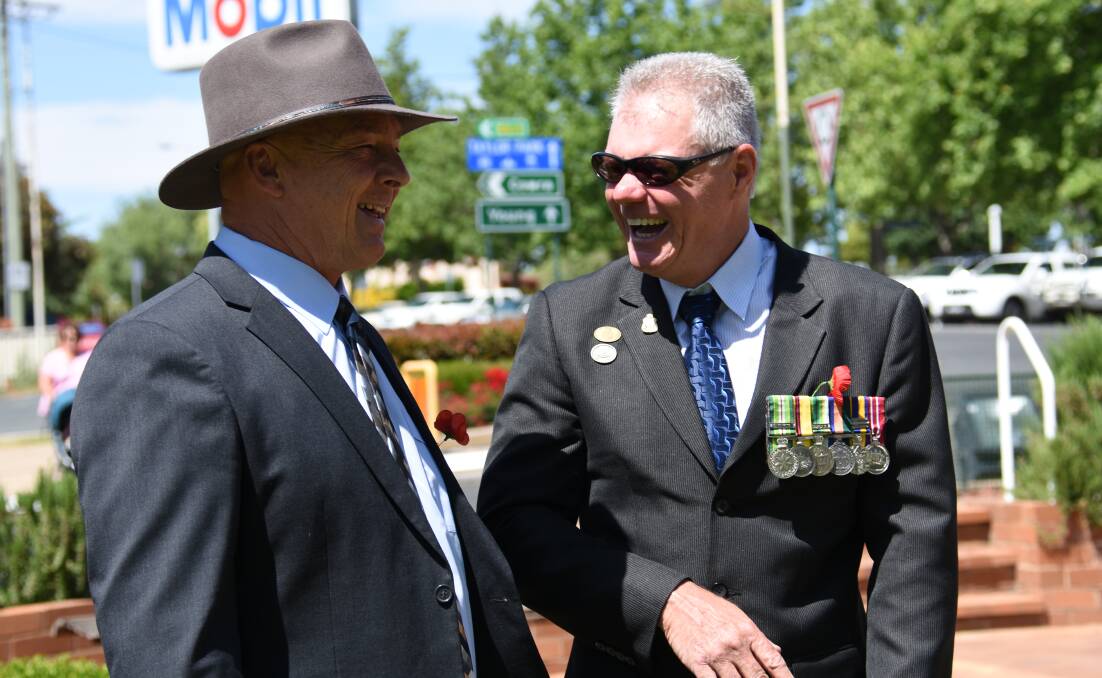 Weddin Shire Mayor Clr Mark Liebich with Grenfell RSL President Glenn Ivins at the 2017 Remembrance Day Service at Memorial Park. 