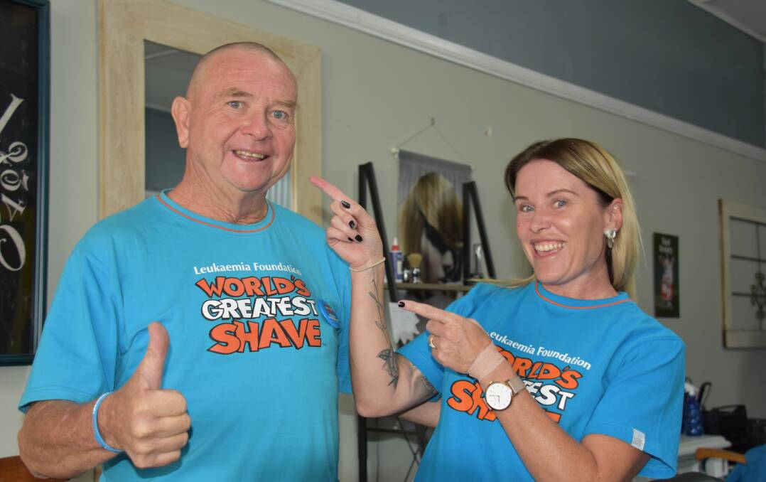 WORLD'S GREATEST SHAVE: Jim Griffith, Leukaemia Foundation advocate with Cindy Lawler of Loxley Salon during Jim's Greatest Shave on Wednesday March 13. 