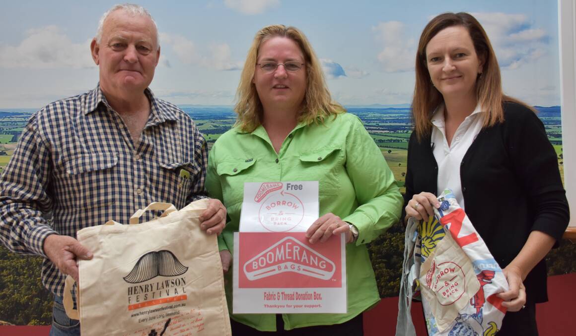 Henry Lawson Festival committee president Allan Griffiths with Grenfell Boomerang Bags co-coordinators Helen Carpenter and Keryl McCann.
