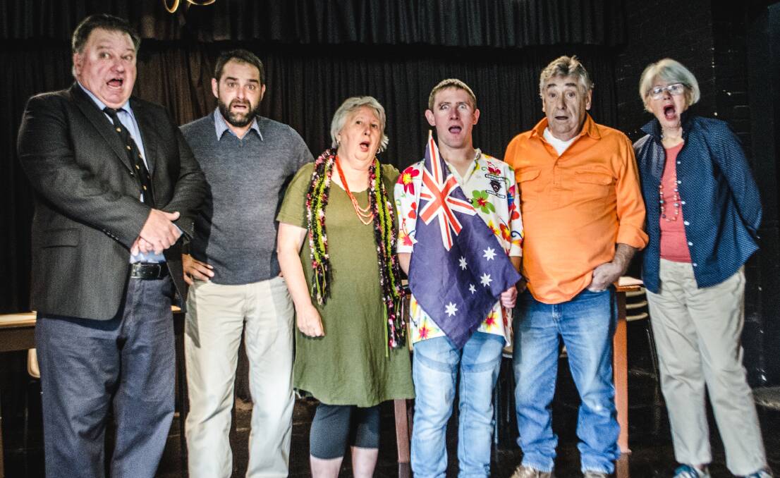 Cast of the Grenfell Dramatic Society's Festival production 'Australia Day' are (L-R) Matthew Lynch, Adam Herdman, Di Donohue, Jesse Friend, Peter Soley and Gai Lander. Photo supplied by A Herdman.