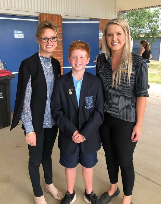 Member for Cootamundra Steph Cooke attends the 2018 Grenfell Public School presentation day, pictured with 2019 school captain Riley Bowerman and his sister Casey (R). Image supplied 