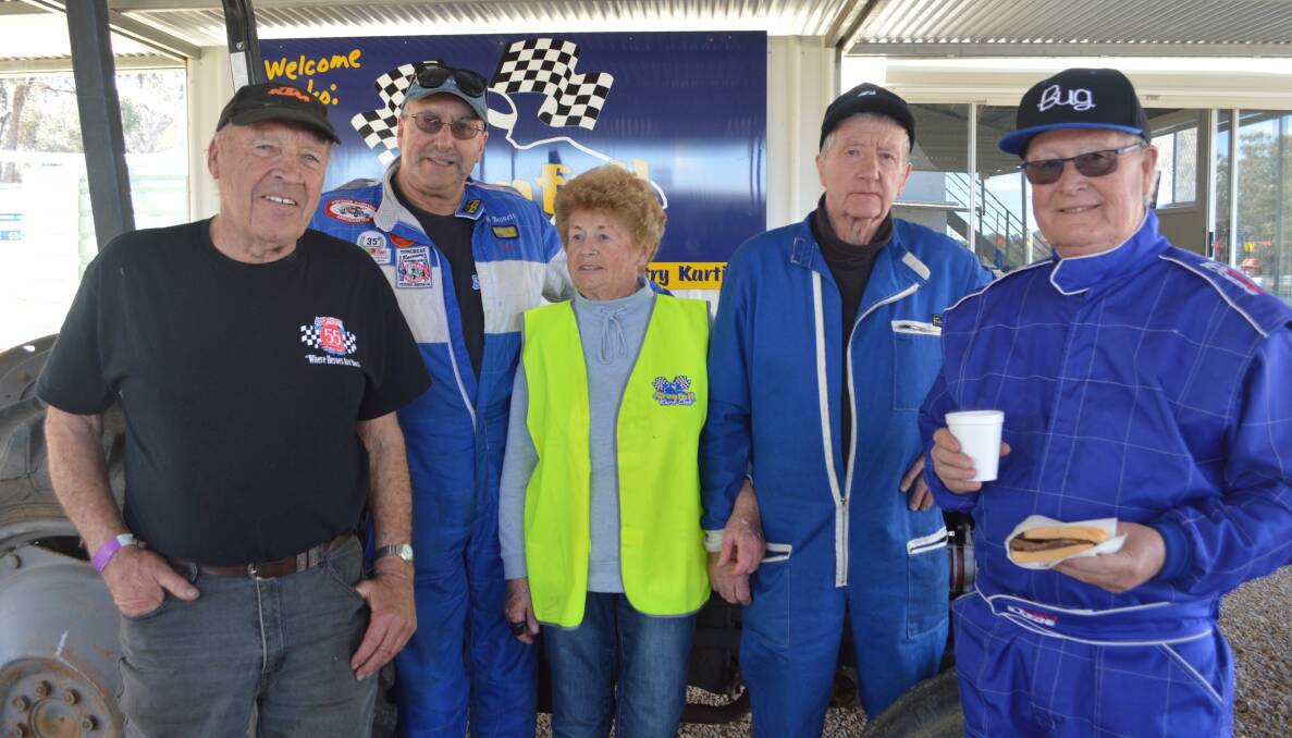 Drivers of the Vintage Karts event at Bogolong Circuit recently are Peter Ward (Eddington VIC), Col Bennett (Mulwalla), Marg and David McKeddie (Main Ridge VIC) and Noel Watts (Sydney). 