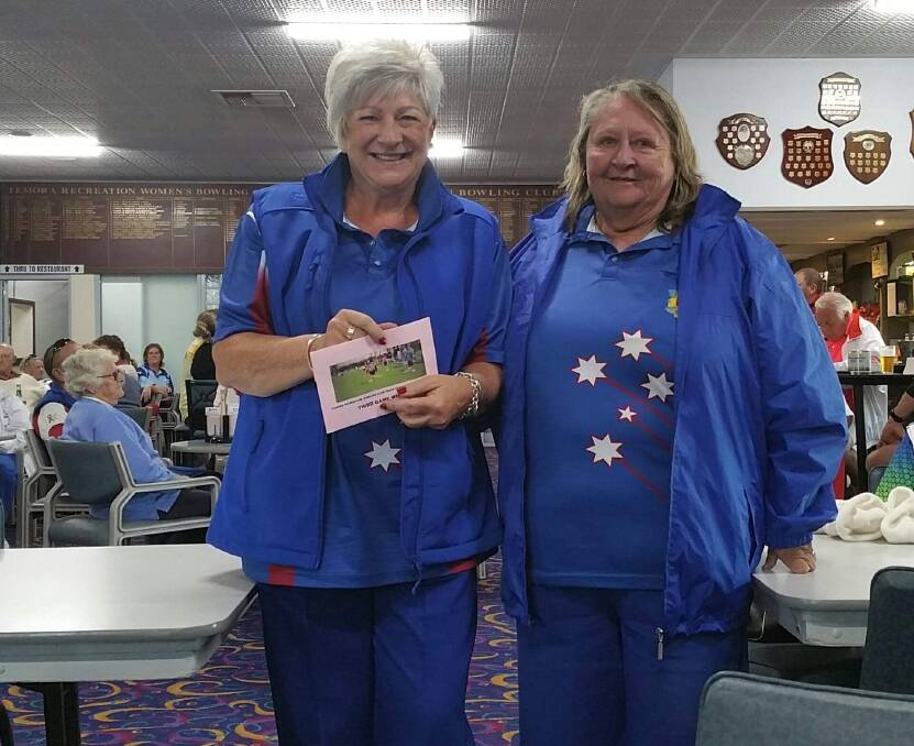 WOMEN'S BOWLS: Kathy Betcher and Sandy Paine in Temora for the 2019 Ladies and Men's Pairs Tournament. Image supplied 