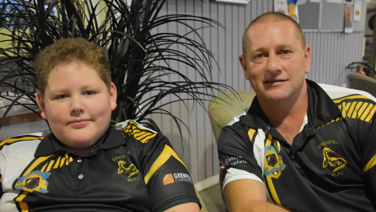 Charlie Horne with dad Mark at the recent Goannas Jersey Calcutta at the Grenfell Bowling Club.