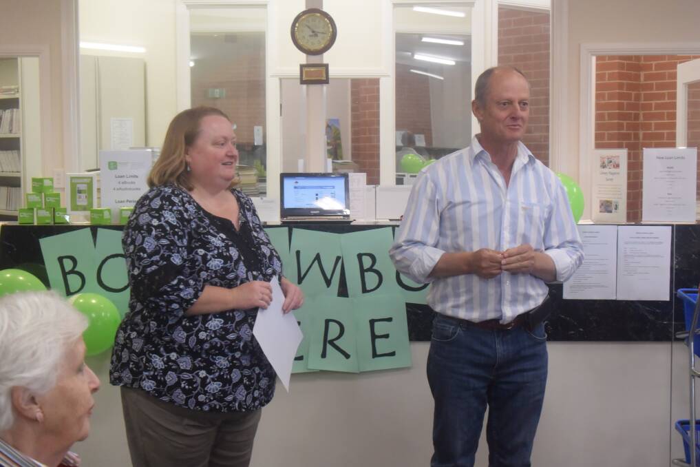 Librarian Erica Kearnes with Weddin Shire Clr Phillip Diprose during the recent launch of BorrowBox.