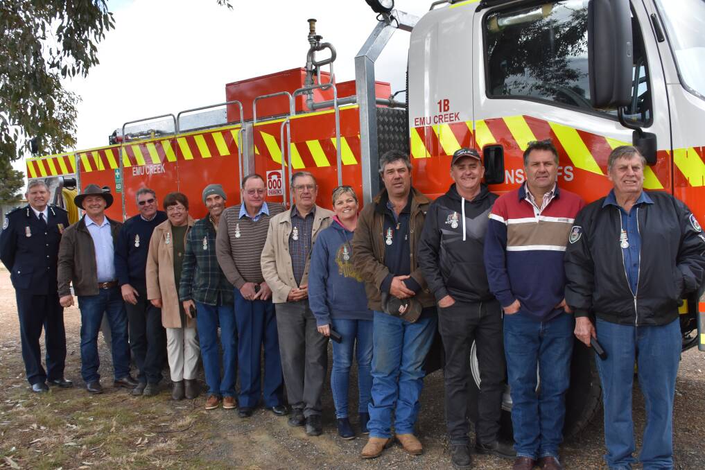 Medal recipients at the Quandialla RFS presentations last Saturday, August 18, with RFS Supt. Ken Neville and Weddin Shire Mayor Mark Liebich.