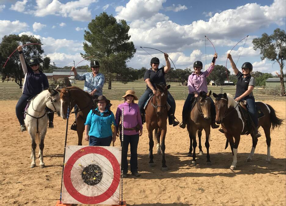 Participants in the clinic (on horses) Jenna Balkin, Janice Morley, Tania Heathcote, Dianne Leibick, Ashleigh Leibick and (standing) Samantha Sidlow and instructor Katrina Kruse. 