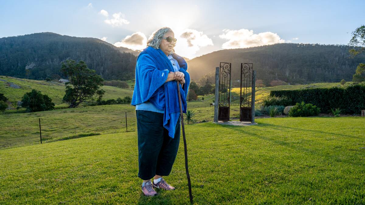 Local elder Iris White tells the local Indigenous creation story at the foot of Mount Gulaga.
