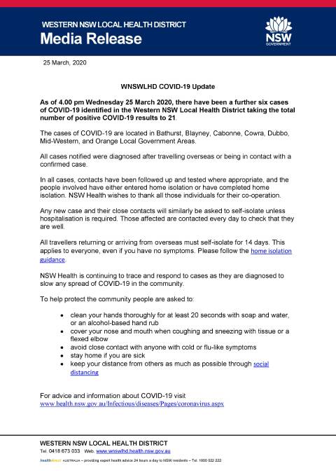 The original email sent by WNSWLHD stating Cowra had a positive detection to coronavirus. 