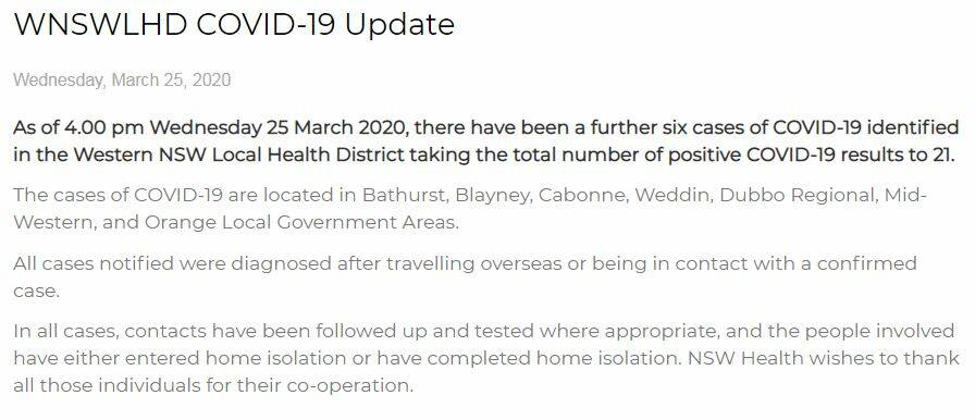 A statement released on WNSWLHD's website stating Weddin, not Cowra as having a positive detection to coronavirus. 