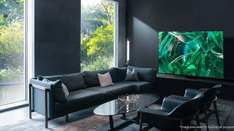 The Samsung OLED S95C is ideal for dark spaces like cinema rooms. Image simulated for illustrative purposes. Picture supplied by Samsung