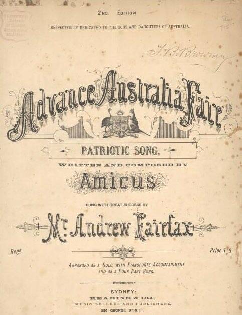 An early copy of Peter Dodds McCormick's Advance Australia Fair, Reading & Co, Sydney, 1879. Photo: courtesy National Library of Australia