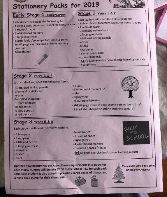 A public school's stationery list which asks Kindergarten parents to supply whiteboard markers and all students to bring hand soap and tissues. Picture: supplied