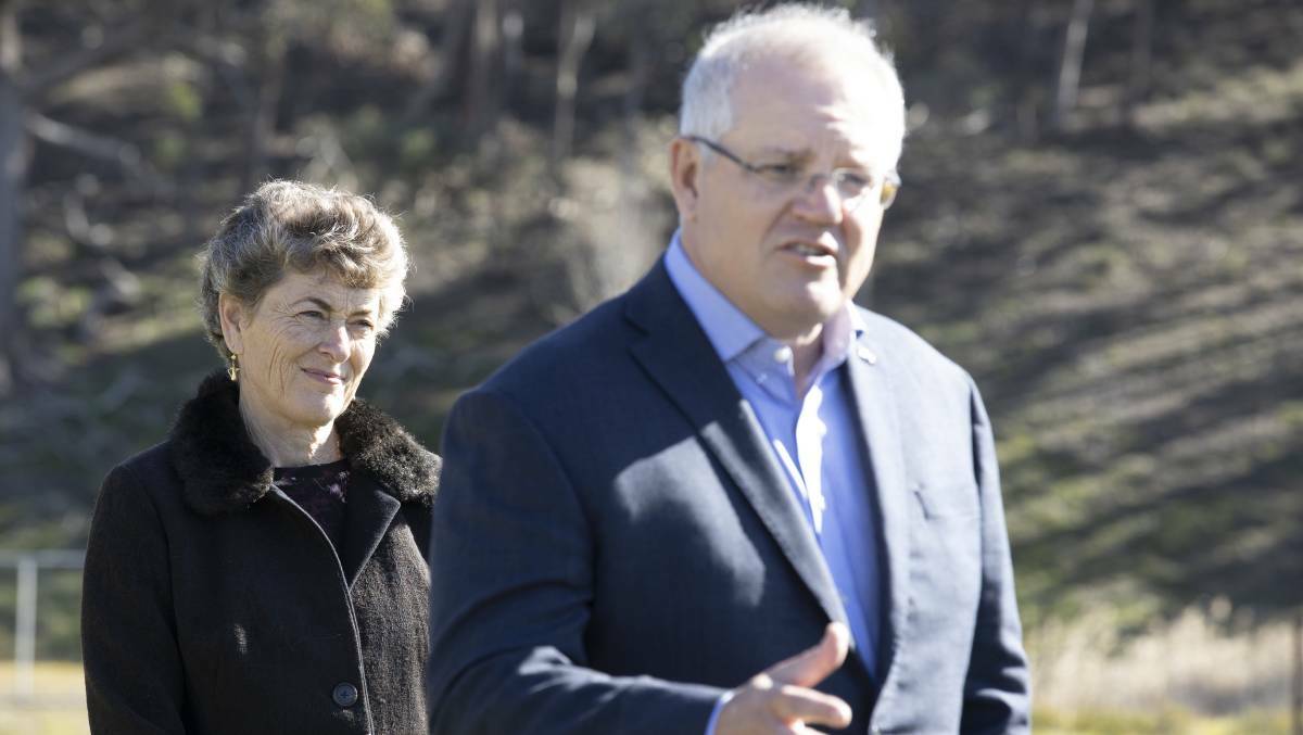 Prime Minister Scott Morrison with the Liberal Party candidate for Eden-Monaro, Fiona Kotvojs. Photo: Sitthixay Ditthavong