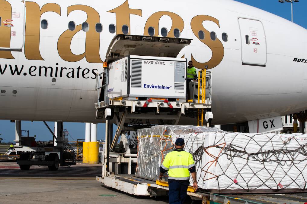 The first shipment of AstraZeneca vaccines arrives in Australia. Picture: Getty Images