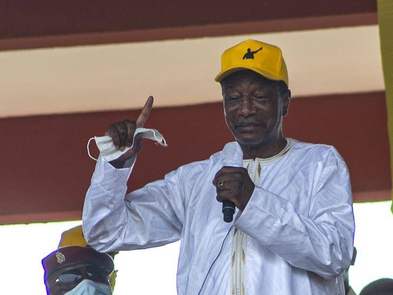 Alpha Conde speaking at a pre-election rally before winning the vote to become Guinea president.