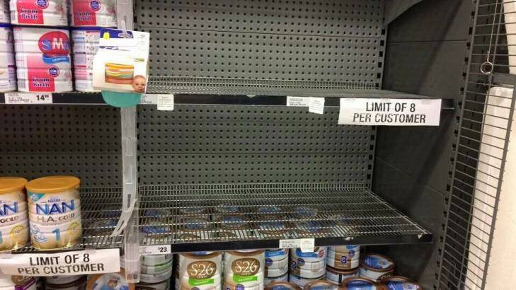 A Woolworths shelf emptied of popular Australian brands. It has imposed an eight-tin limit. Photo: Supplied