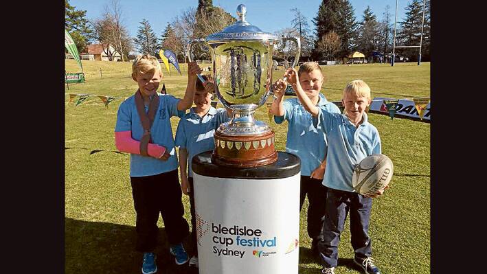 Mac Bucknell, Hugh Wilson, Riley Cartwright and Will Johnson holding the prestigious Bledisloe Cup on their recent visit to Kinross Wollaroi. (Photo contributed) 