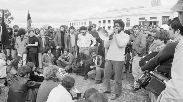 Bob Maza addresses a protest at the Aboriginal Tent Embassy in front of Parliament House, July 30, 1972. Picture: Wikimedia Commons
